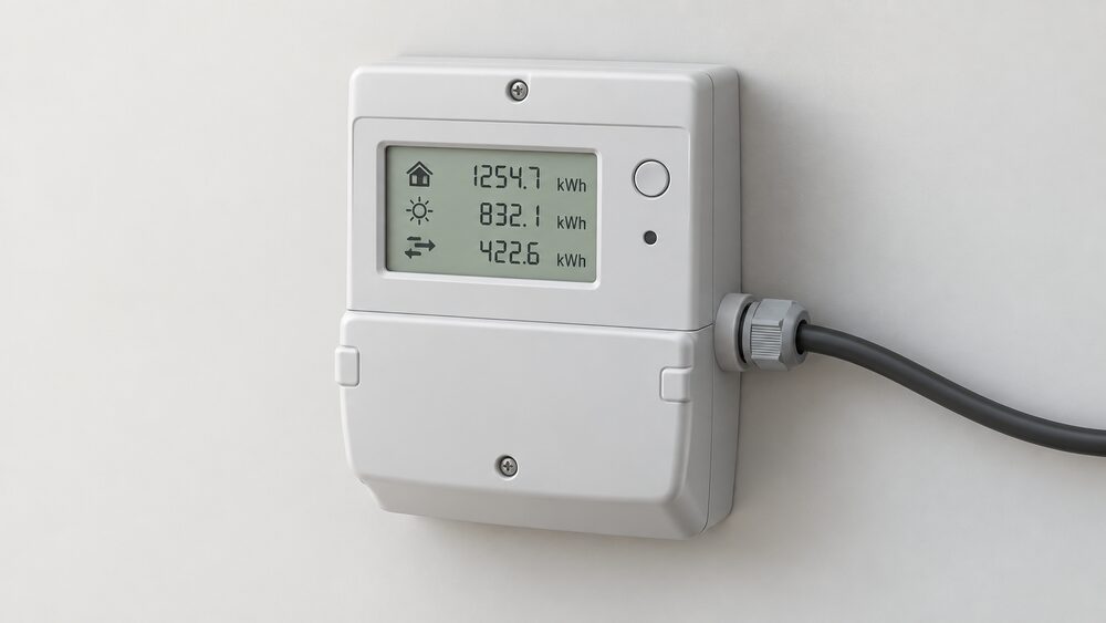 A close-up of a single Emlite single-phase bi-directional generation meter mounted on an indoor wall, its included cover fitted, with its display showing separate import, export and net readings and a small solar generation cable gland entering from one side.