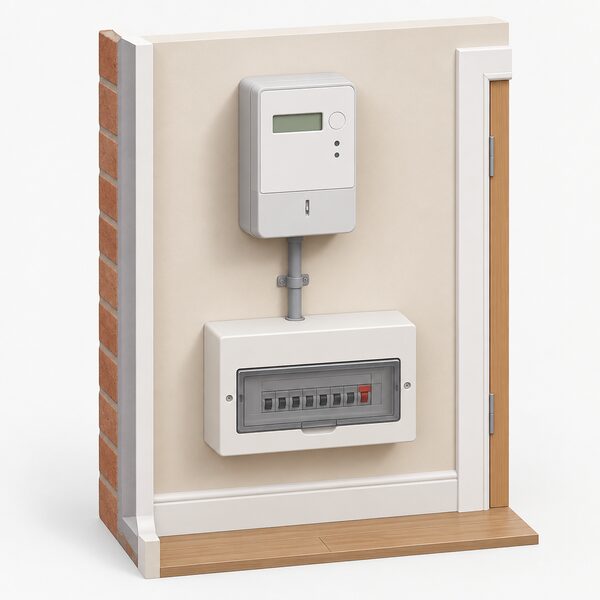 A single domestic electricity meter mounted on an interior wall of a home, in its plain enclosure with a short conduit run down to the consumer unit below, shown as a simple cutaway so the meter itself is the clear focus of the scene.