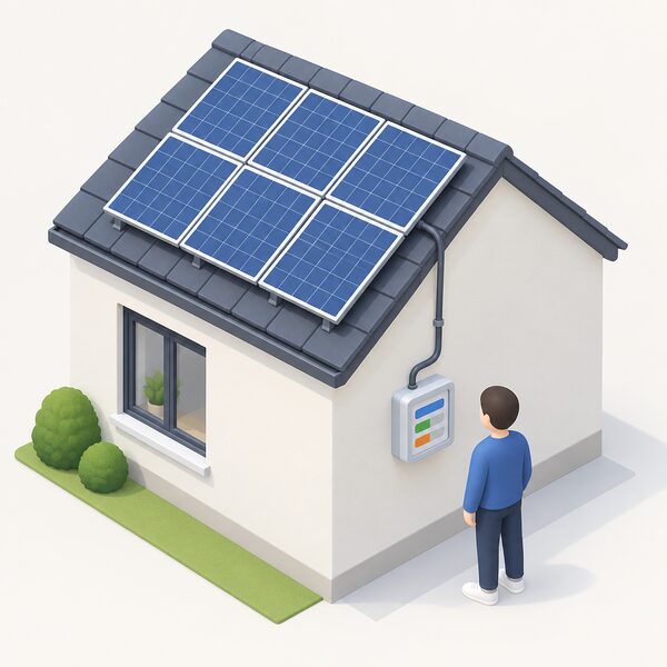 A small wall-mounted generation meter beside rooftop solar panels, its display showing plain blocks for import, export and net values, with a simplified figure reading it, and a cable running from the panels down to the meter.