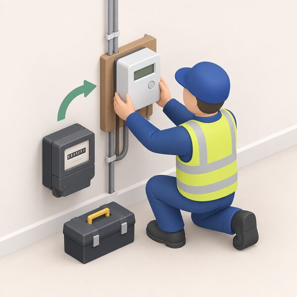 A small isometric installer figure kneeling beside an indoor electricity meter on a wall, fitting a smart meter in place of the old meter, with the supplier's billing meter being installed at no extra cost to the householder.
