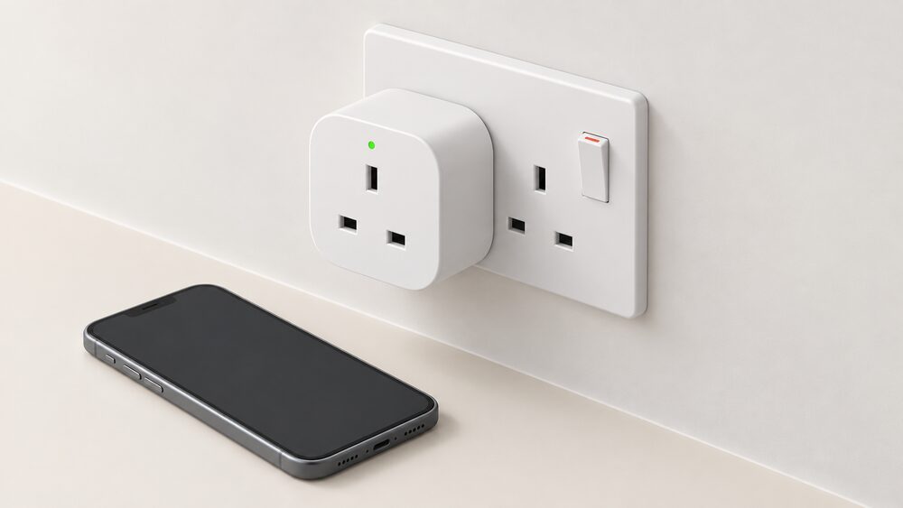 A close-up of a single Emporia-style smart plug pushed into a UK wall socket, with a phone lying nearby showing a blank screen, and nothing else in the frame.