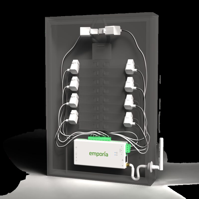A 3D render of an Emporia Vue energy monitor with CT current sensors installed inside a consumer unit panel