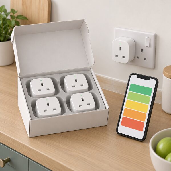 A plain white four-pack box of smart plugs on a kitchen worktop, lid open so four compact white smart plugs sit in a moulded insert, with one plug plugged into a wall socket beside it and a smartphone showing a plain colour-banded monitoring screen leaning nearby.