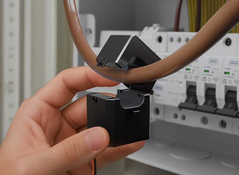 A hand fitting a black split-core current transformer clamp around a cable in a consumer unit with BG circuit breakers