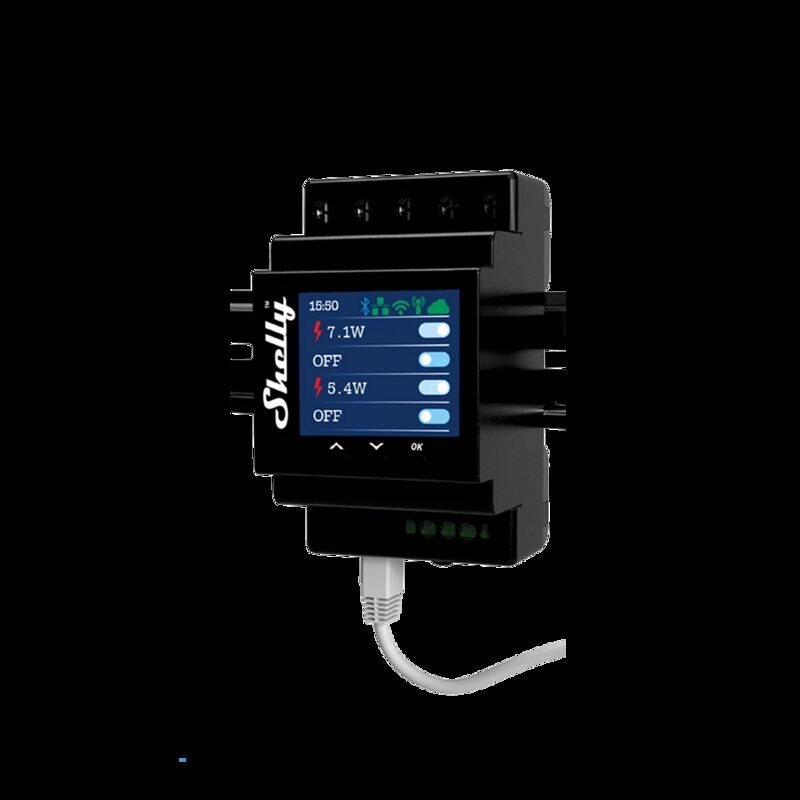 A Shelly Pro 4PM smart energy meter and relay module on a DIN rail with a display showing power readings