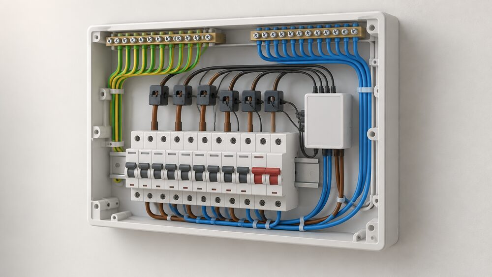 A close-up of an open domestic consumer unit on an indoor wall, with a small circuit-level energy monitor box mounted beside the breakers and several thin clamp sensors clipped around individual circuit cables inside the unit.