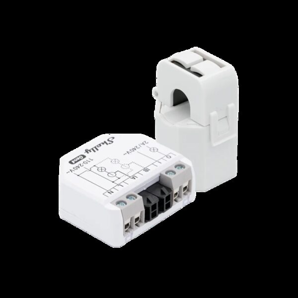 A Shelly EM Gen4 smart energy meter module with its current transformer clamp, shown on a white background