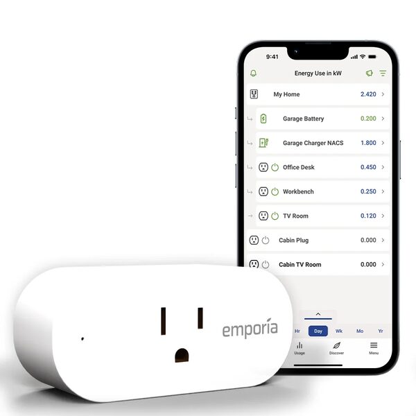 Emporia smart plug next to a smartphone showing its energy-use monitoring app