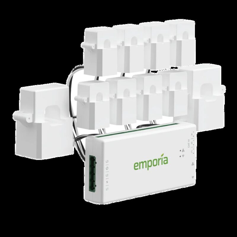 Emporia Vue 3 home energy monitor unit with its clamp current sensors, shown as a product shot on a white background
