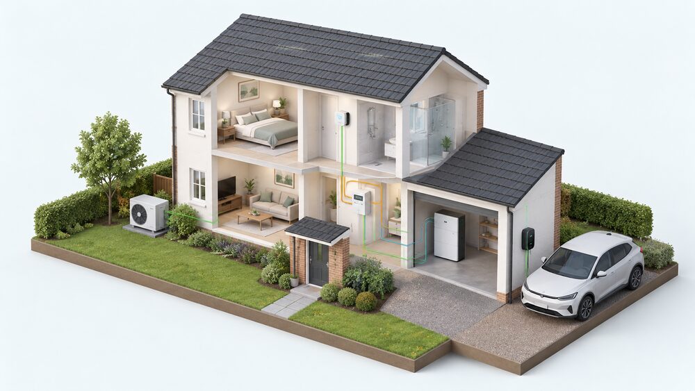 A cutaway of a house showing an EV charge point on the outside wall by the drive, an air source heat pump outside, a battery in the garage and a smart thermostat on an interior wall, all connected to a smart meter.