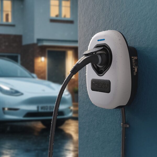 A white Sync Energy wall-mounted EV charger with a charging cable plugged in, on a house wall with an electric car parked outside