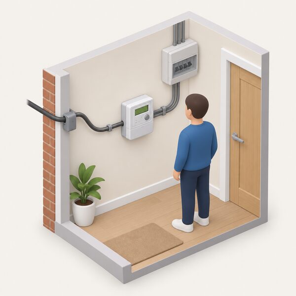 A simplified isometric indoor scene showing a smart meter mounted on an interior wall of a UK home, with a small figure standing beside it, the meter connected by visible cabling to the household's incoming electricity supply so the meter sits between the supply and the home's circuits.