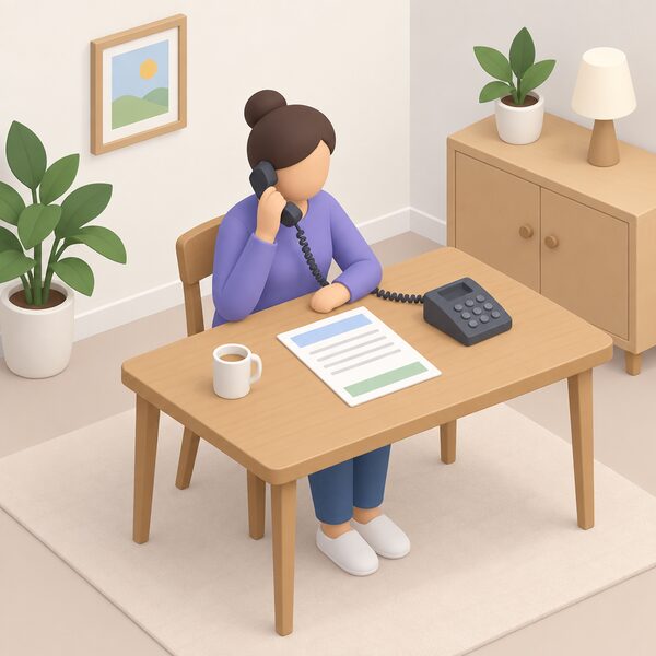 A simplified isometric figure sits at a table in a home setting holding a telephone handset to their ear, with an energy bill lying on the table beside them, shown as a physical sheet with blank lines and plain colour bands carrying no readable content.