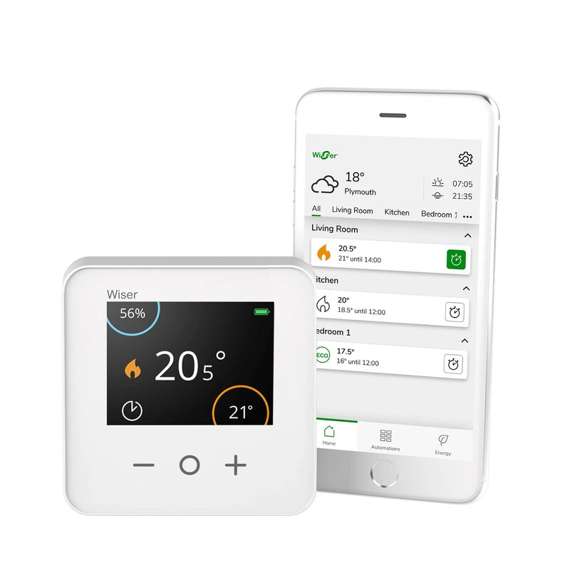 A Wiser smart room thermostat next to a smartphone showing the Wiser heating control app with room temperatures
