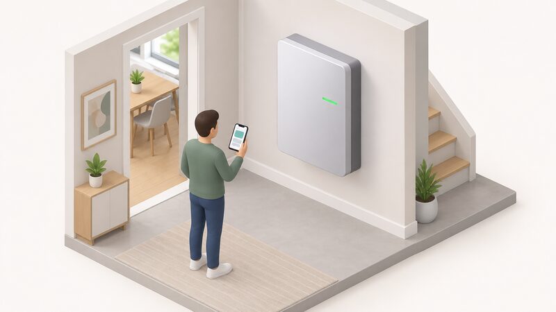 A simplified isometric view of an Enphase IQ Battery 5P mounted on an internal house wall, its status indicator lit, with a householder nearby holding a phone showing the app screen as plain blank blocks, no readable text.