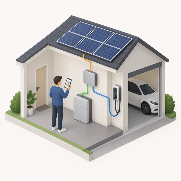 A small isometric indoor scene showing a wall-mounted gateway unit with cables running to a battery unit, a connection from the rooftop solar panels and a cable to an EV charger, with a phone nearby displaying the app as plain colour blocks.