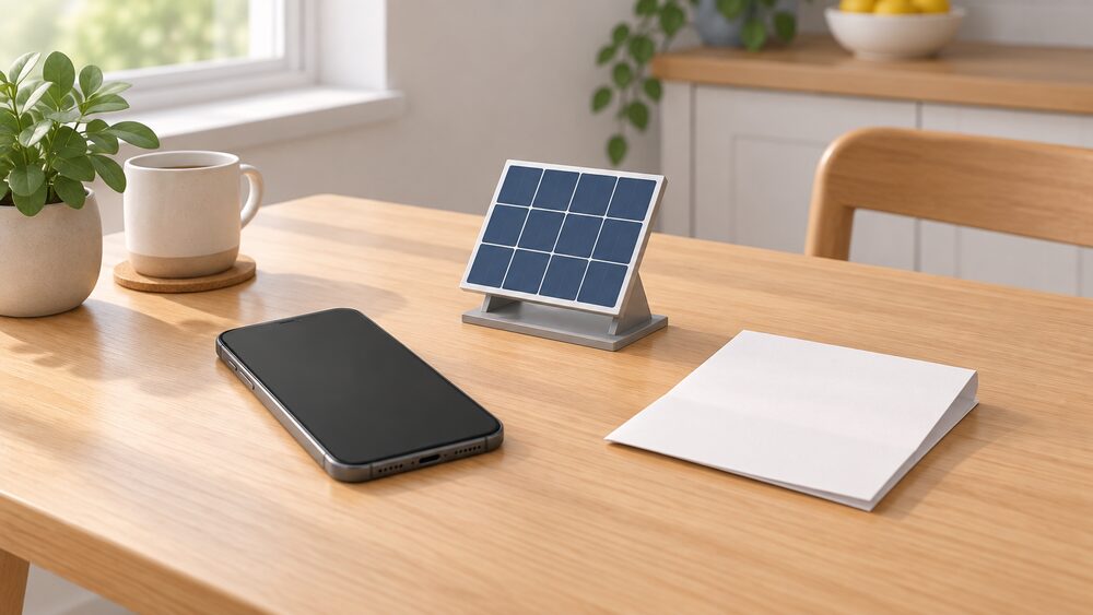 A smartphone lying face-up with a blank screen on a kitchen table, beside a small model of a rooftop solar panel and a folded blank electricity bill, in soft daylight from a nearby window.