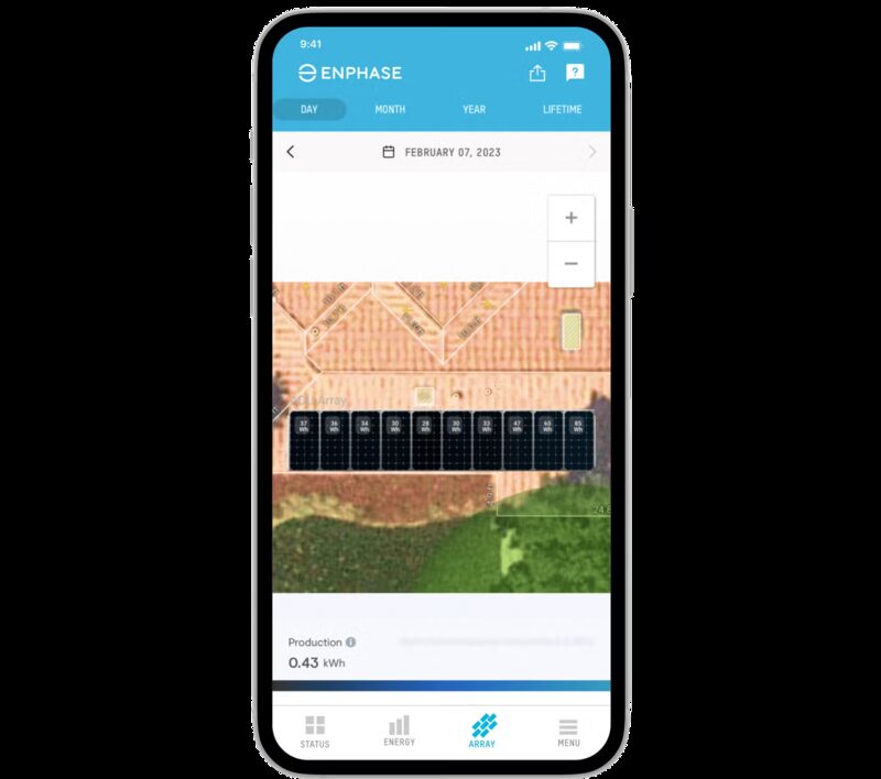 A smartphone displaying the Enphase app's array view, showing a satellite map of rooftop solar panels with production figures
