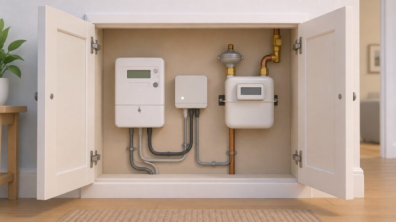 A white SMETS2 electricity meter and a gas meter mounted side by side inside a domestic meter cupboard, with the communications hub fitted between them on the wall, shown as a simple cutaway interior with no people.