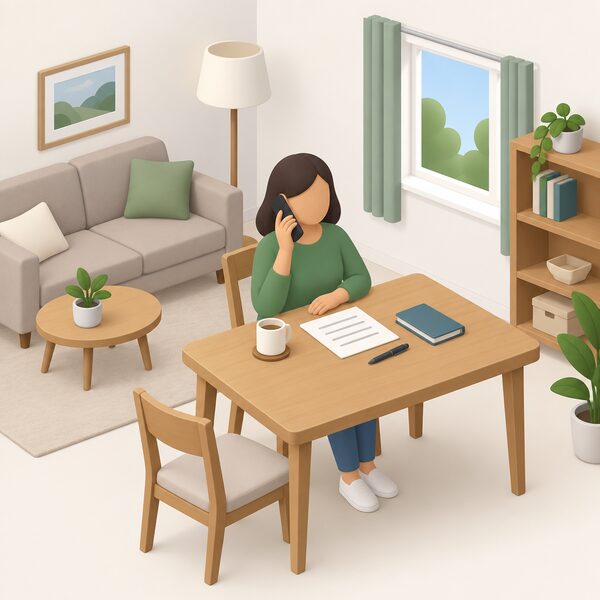 A householder at home sitting at a table with a phone held to their ear, booking a smart meter, with a notebook and pen beside them and a blank sheet of paper showing only plain lines, in a simply furnished living room.