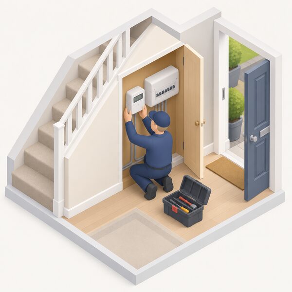 A simplified isometric engineer in plain work clothing kneeling at a UK home's indoor meter cupboard, fitting a single smart electricity meter onto the wall beside the existing consumer unit, with a toolbox open on the floor and the front door open behind.