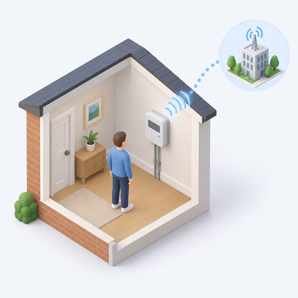 A smart electricity meter mounted on an interior wall of a home, shown in cutaway with a simplified signal travelling from the meter outwards to represent readings being sent for billing, with a small isometric figure standing nearby looking at it.