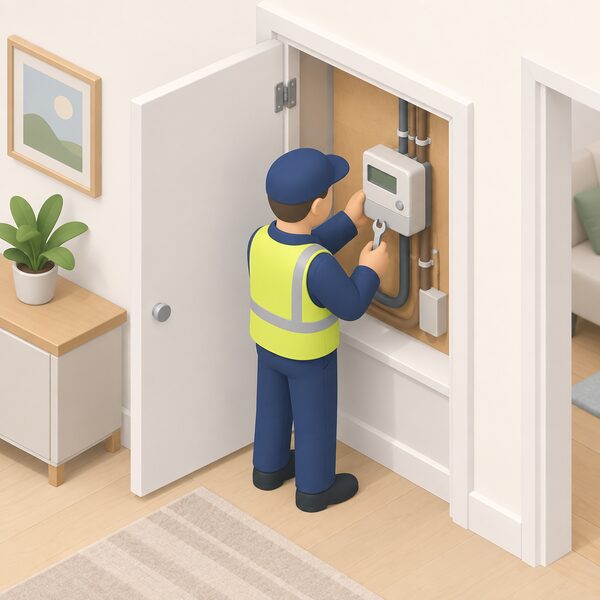 A simplified isometric figure of a supplier technician servicing a smart electricity meter mounted on the wall inside a home cupboard, with the meter connected to the incoming supply cables and a small spanner in hand to show the supplier maintaining and keeping the meter working.