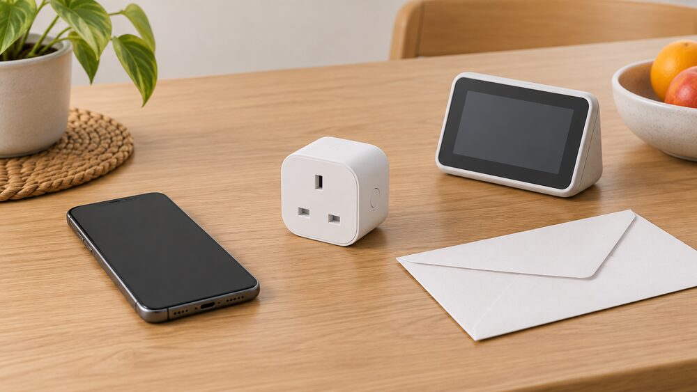 A small tabletop arrangement showing a household's choice of demand flexibility route: a smartphone with a blank screen lying beside a single white smart plug in the centre, with a smart electricity meter display unit and a plain unmarked envelope nearby on a wooden kitchen table.