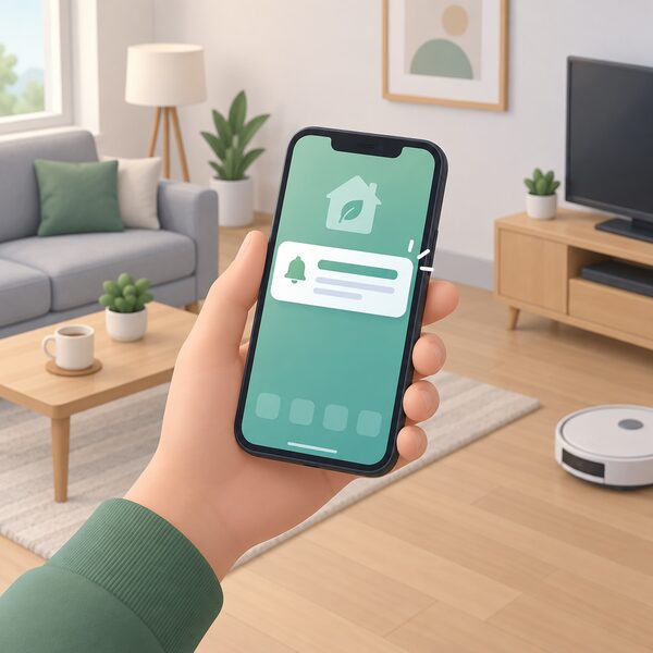 A hand holding a smartphone in a home living room, the screen showing a plain notification banner arriving from the energy app rather than any supplier message, with household appliances visible in the background.