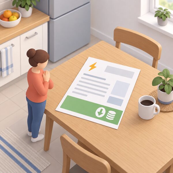 A paper household electricity bill lying on a kitchen table beside a small isometric figure, with a plain colour band along its lower edge representing money off earned for electricity saved during a flexibility event.