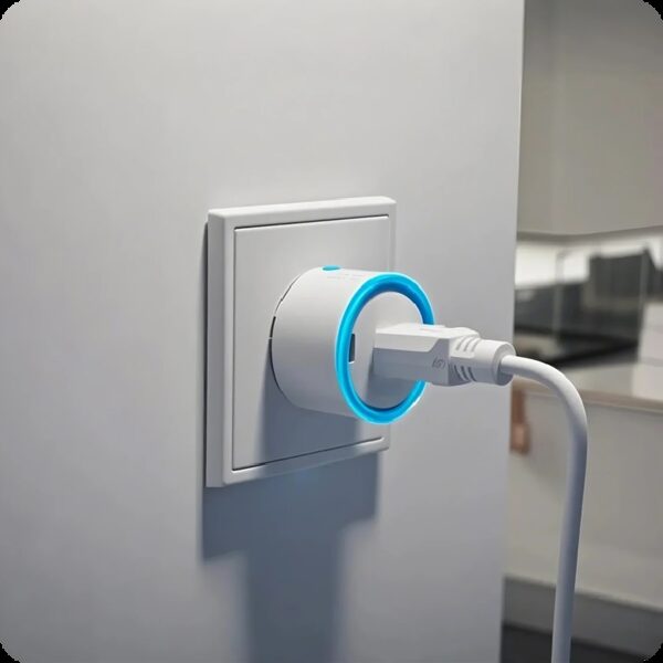 A white smart plug with a glowing blue ring plugged into a wall socket with an appliance cable