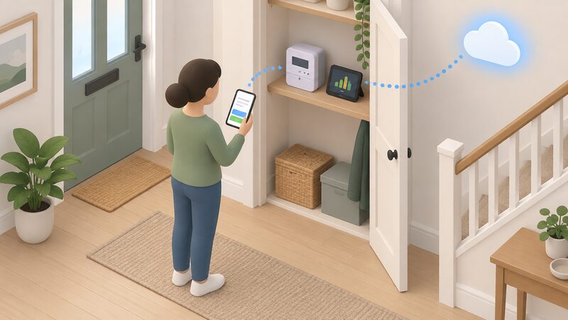 A small isometric hallway cupboard with a smart meter and an in-home display on its shelf, a simplified figure holding a phone whose screen shows a plain consent screen of blank lines and colour bands, with a simple dotted path suggesting data flowing onward.