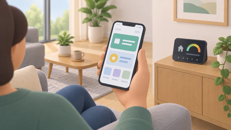 A hand holding a smartphone in a home setting, the screen showing the app home screen as plain colour blocks: an upcoming event card and a points balance area, with a smart meter display visible on a nearby shelf.