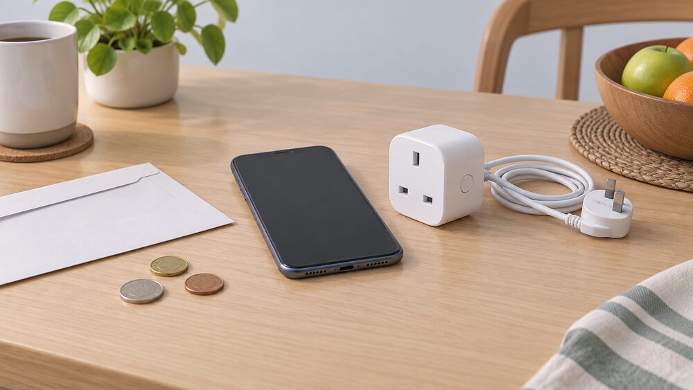A smartphone lying face up with a blank screen on a kitchen table beside a small white smart plug with its lead coiled, a paper energy bill face down, and a few coins, suggesting the moment a household links its meter data to a rewards app.