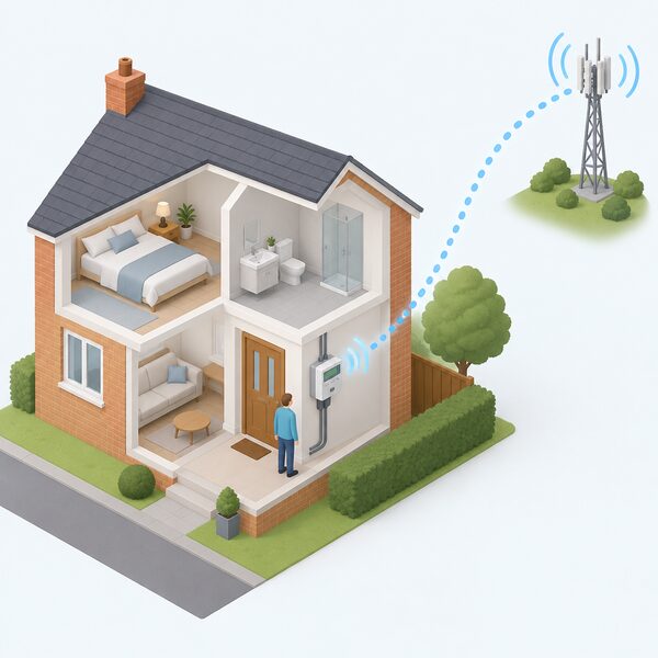 A simplified isometric cutaway of a home showing a smart electricity meter fitted on the incoming supply by the front door, with a signal path travelling from the meter out of the house to a distant supplier mast, indicating half-hourly readings being sent.