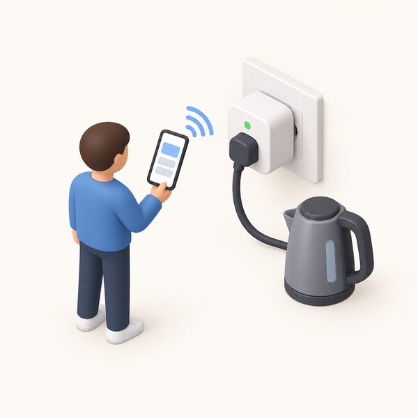 A small isometric figure holds a phone showing a plain app screen while a smart plug sits in a wall socket with a simple appliance plugged into it, a small signal link suggesting automated load reduction.