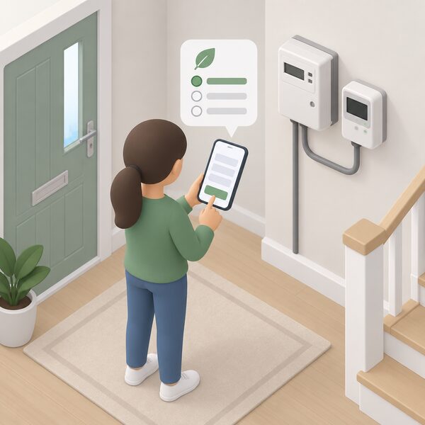 A simplified figure stands in a home hallway holding a smartphone showing a plain sign-up screen with blank fields, choosing one flexibility scheme to join, with a single electricity meter and smart meter visible nearby to show the household registering with just one provider.