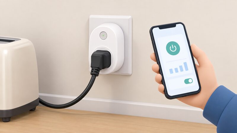 A close-up of a Kasa HS110 energy monitoring smart plug plugged into a wall socket with a normal appliance's plug inserted into it, and a smartphone showing the control app held nearby.