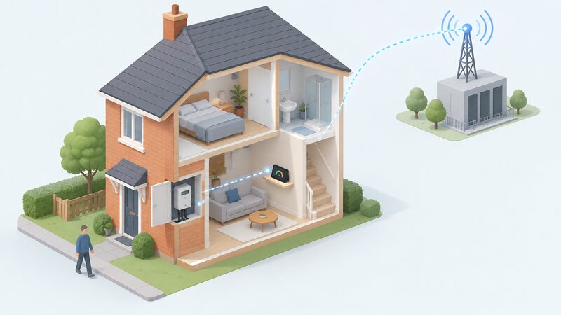 A simplified isometric UK home cutaway showing a smart electricity meter in the meter box with its in-home display standing on a nearby shelf inside, connected by the wide-area smart metering network to an external data service rather than by any local home network link.