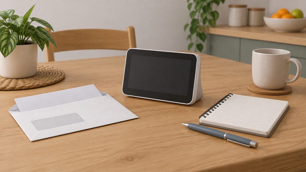 A plain paper energy bill envelope lying open on a kitchen table beside a small in-home display unit whose screen is blank and unlit, with a pen and a notepad nearby for taking a manual meter reading.