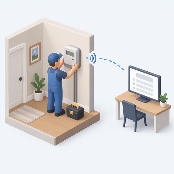 An installer fitting a smart electricity meter on a household wall, with a dotted signal path travelling from the meter across a visible gap toward a simplified supplier billing screen, showing the reading has not yet arrived.
