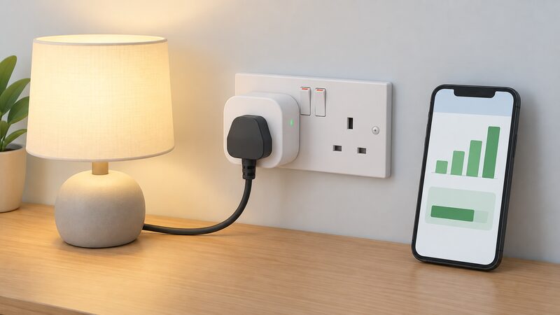 A white Eve Energy smart plug occupying one socket of a UK double wall socket with a lamp's plug inserted into it, and a smartphone propped beside the socket showing the Eve app open with a plain energy display.