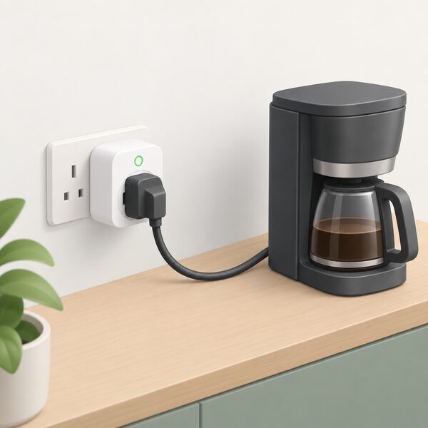 A metering smart plug plugged into a wall socket with an appliance's plug connected to it, sitting between the socket and the appliance.