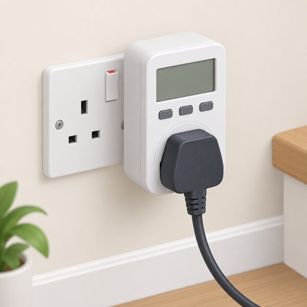 A close-up of a UK three-pin wall socket with a plug-in energy monitor inserted into it, and a three-pronged appliance plug pushed into the monitor's front socket, drawn as a simple cutaway interior wall scene.