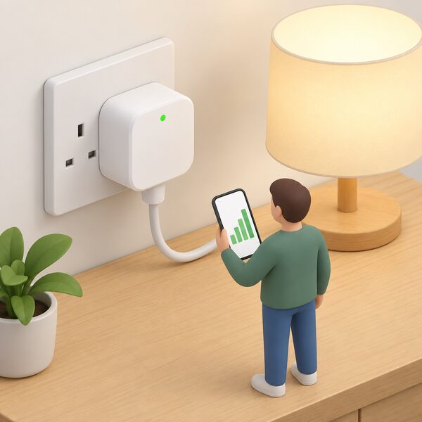 A white smart plug plugged into a wall socket on a table, with a small isometric figure beside it holding a phone whose screen shows a plain energy bar chart, all working locally with no cloud symbols, routers or account screens anywhere in the scene.