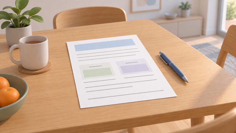 A printed connection offer document lying on a table in a home, shown as a physical sheet with blank lines and plain colour blocks where the import and export capacity figures would appear, beside a pen.
