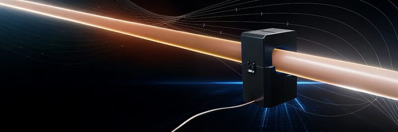 A black current transformer sensor clamped around a glowing cable, shown as a stylised product render on a dark background