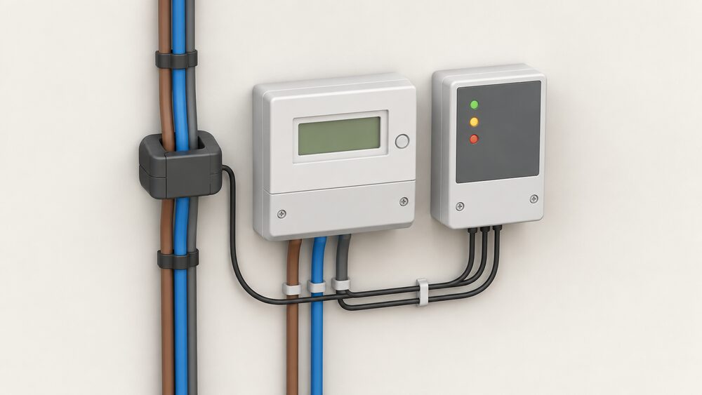 A close-up of the meter position at the point of connection: an export meter on the wall with a current transformer clamped around the incoming supply tails, wired to a separate export limitation controller mounted beside it.