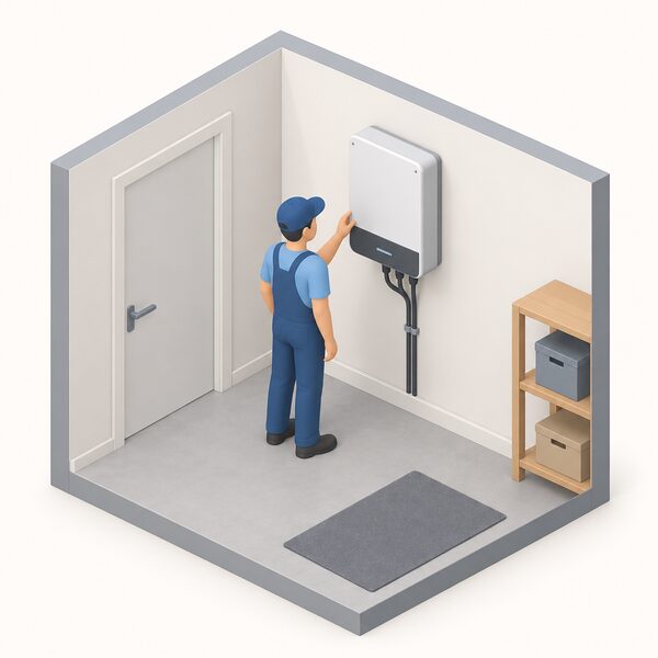 A small isometric figure of an installer standing indoors beside a solar inverter mounted on an inside wall, the unit shown as a sealed factory-built box with no external controller or metering scheme bolted on beside it.