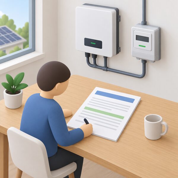 A printed connection offer document lying on a table beside a small isometric figure, its pages showing plain blank lines and colour bands where the agreed export limit and agreement details would be written, with a solar inverter and export meter visible in the background of the room.